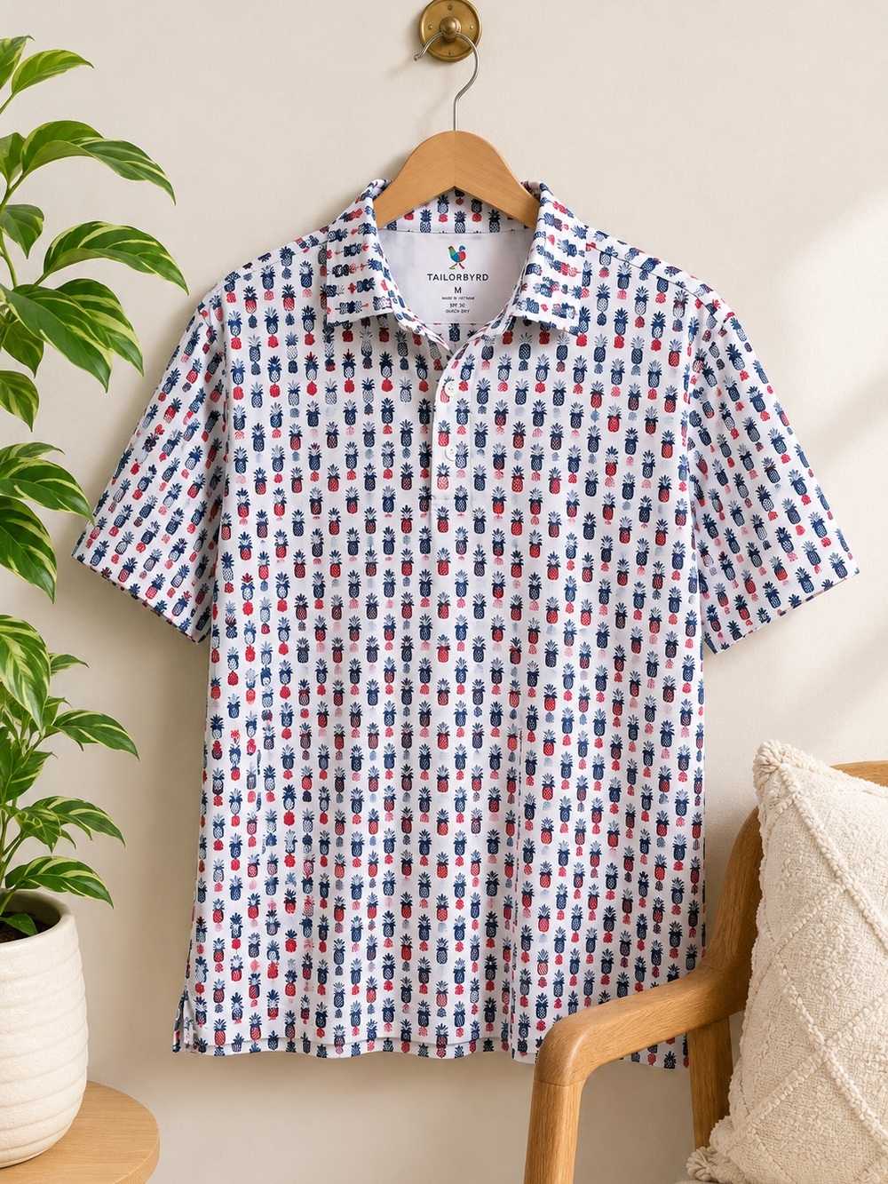 Tailorbyrd Pineapple Print Golf‎ Polo Shirt M White SPF 30 Quick Dry Athleisure